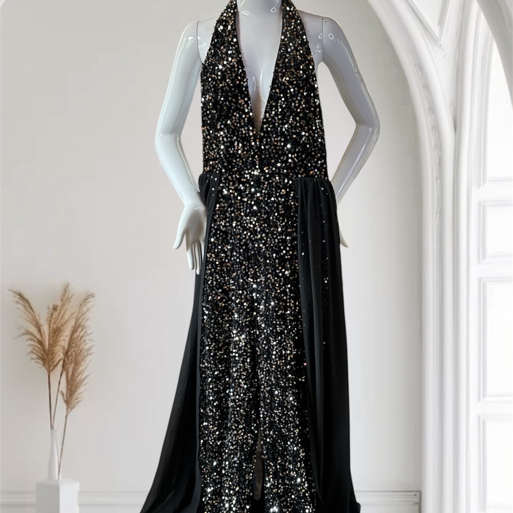 Fashion Nova Black Sequin Halter Gown